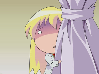 Cartoon character peeking curtain sad - a pink hair free wallpaper