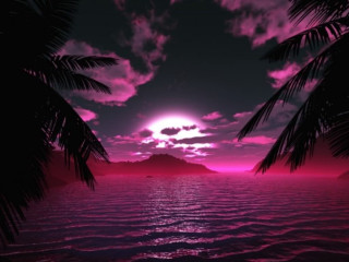 Pink sunset palm trees mountain - synthwave free wallpaper for desktop