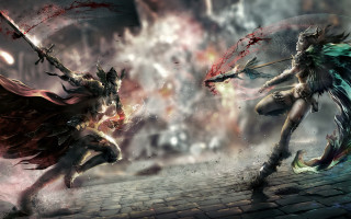 Fantasy creatures fighting sky background - game art free wallpaper