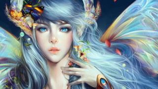 Woman blue hair butterfly head - anna dittmann free wallpaper