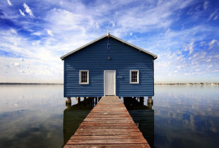 Blue house wooden pier water 2 - a dock in front free wallpaper