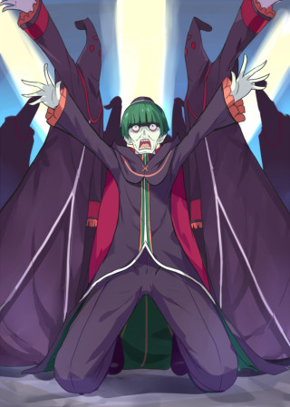 Man green hair purple suit - his hands in free wallpaper