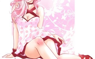 Pink hair pink dress sitting - a floor free wallpaper