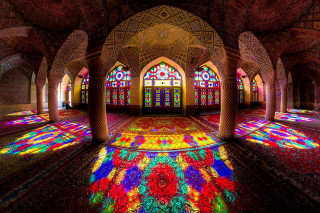 Colorful room stained glass cityscape - qajar art free wallpaper