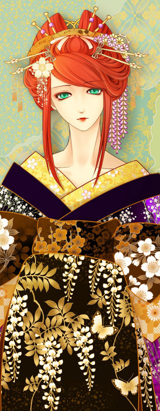 Red hair kimono flower butterfly - anime art free wallpaper for mobile