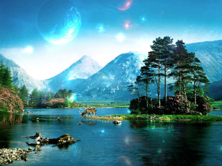 Mountain lake animals background stars - a painting of a mountain lake free wallpaper