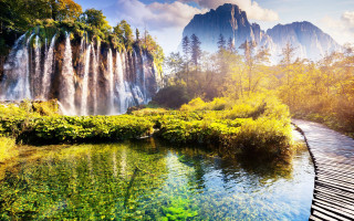 Waterfall river trees bench foreground - alen divi free wallpaper