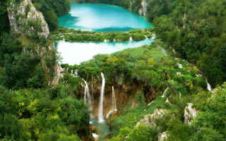 Blue lake waterfall surrounded by - a blue lake free wallpaper