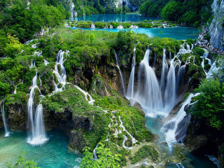 Waterfall river forest blue lake - cao buxing free wallpaper for desktop