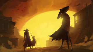 Woman child walking street sunset - a sun in the background free wallpaper for desktop