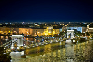 Bridge river night lights buildings - danube school free wallpaper