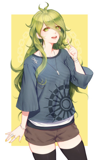 Green hair girl blue shirt - flowing hair free wallpaper for mobile