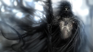 Creepy skeleton figure wings foggy - a foggy background free wallpaper