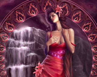 Woman red dress waterfall flower - an art deco painting free wallpaper for desktop