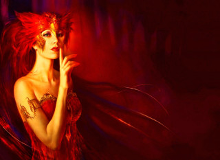 Red hair mask red dress 2 - feather free wallpaper for desktop
