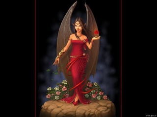 Woman red dress rose wings - a rose free wallpaper