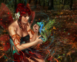 Woman dress bird forest swirly - fantasy artwork free wallpaper