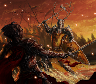 Knight fighting demon sword fire - free fantasy wallpaper for tablet