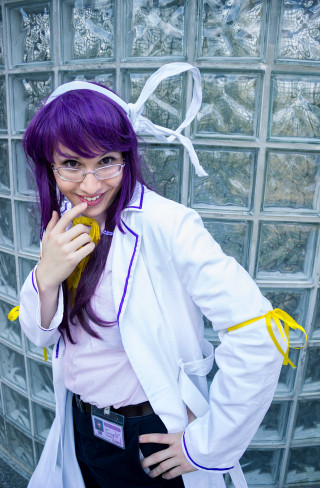 Purple hair glasses labcoat woman - a yellow object free wallpaper for mobile
