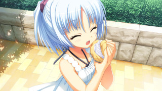 Girl blue hair eating banana - a brick wall behind her free wallpaper for desktop