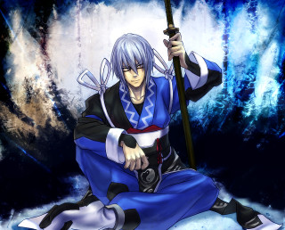Man blue outfit sword stick - ground free wallpaper for desktop