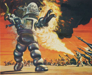 Robot fire background people foreground - robot free wallpaper for desktop
