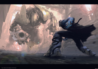 Futuristic suit man running robot - huge free wallpaper for desktop