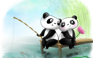 Pandas bench fishing pole flowers - cyril rolando free wallpaper