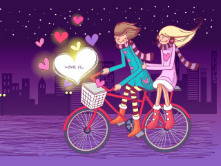 Couple bike city night hearts - above them free wallpaper for desktop