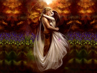 Couple embracing field flowers sun - fantasy artwork free wallpaper