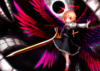 Girl sword wings dark room - a black hole in the middle free wallpaper