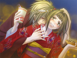 Anime couple drink donut camera - a couple of anime characters holding free wallpaper