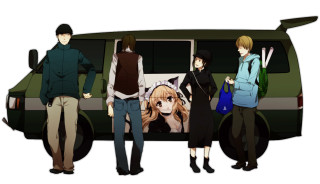 Group people van dog blue - side and a man free wallpaper