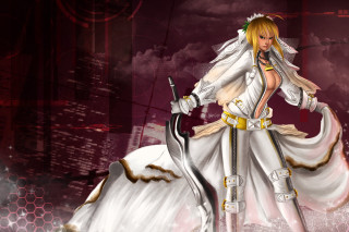 Woman white dress sword gold - her neck free wallpaper for desktop