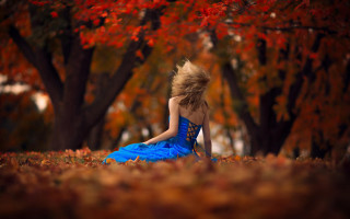 Woman blue dress autumn leaves 2 - anka zhuravleva free wallpaper