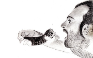 Man holding kitten cat shoulder - a pencil sketch free wallpaper