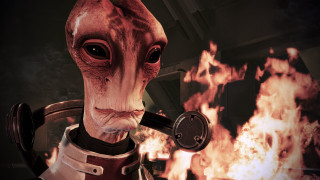 Creepy alien holding gun flames - classical realism free wallpaper