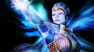 Woman holding sword blue background - a blue light behind her free wallpaper
