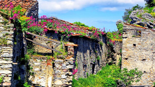 Stone building flowers wooden fence - a stone building free wallpaper