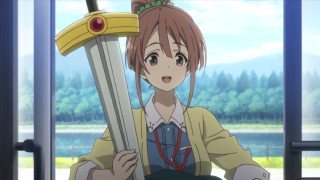 Girl holding giant sword window - a mountain in the background and a lake in the foreground free wallpaper