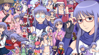 Anime girls purple hair glasses - context art free wallpaper for desktop