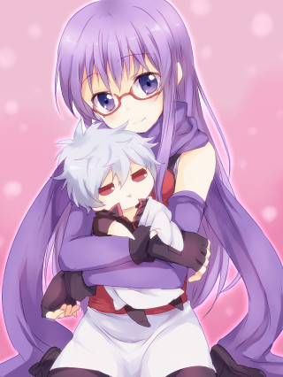 Anime couple hugging purple hair - their face free wallpaper for mobile