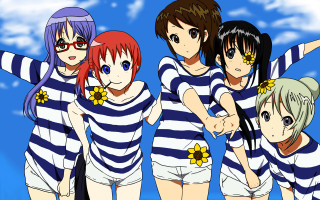 Anime girls striped shirts shorts - a sky background behind them free wallpaper