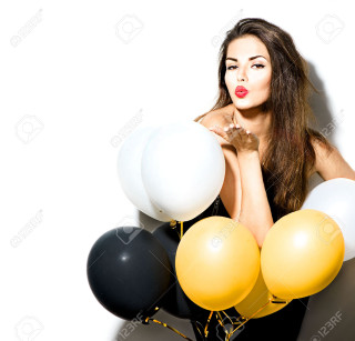 Woman longhair redlipstick balloons beachball - free happy birthday wallpaper