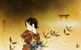 Woman kimono birds pagoda yellow - a yellow sky free wallpaper