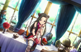 Girl sitting table surrounded stuff - du qiong free wallpaper