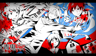 Anime characters blood splatter building - lineart free wallpaper for desktop