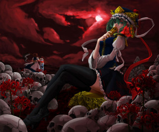Woman sitting pile skulls field - a red sky in the background free wallpaper for desktop