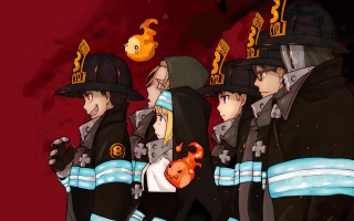 Firefighters group red background uniforms - a red background behind them free wallpaper