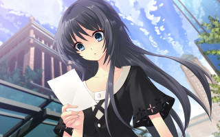 Girl black hair paper cityscape - anime art style free wallpaper
